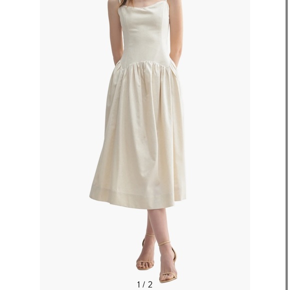 All in Favor Drop Waist Cotton & Linen Midi Dress in Oatmeal at Nordstrom, Size Medium